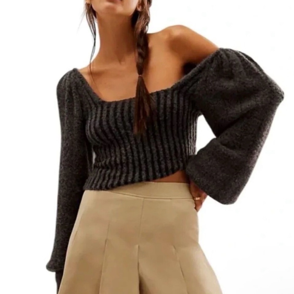 Free People Katie Mix Stitch Square Neck Sweater Grey Large Boho Oversized Indie